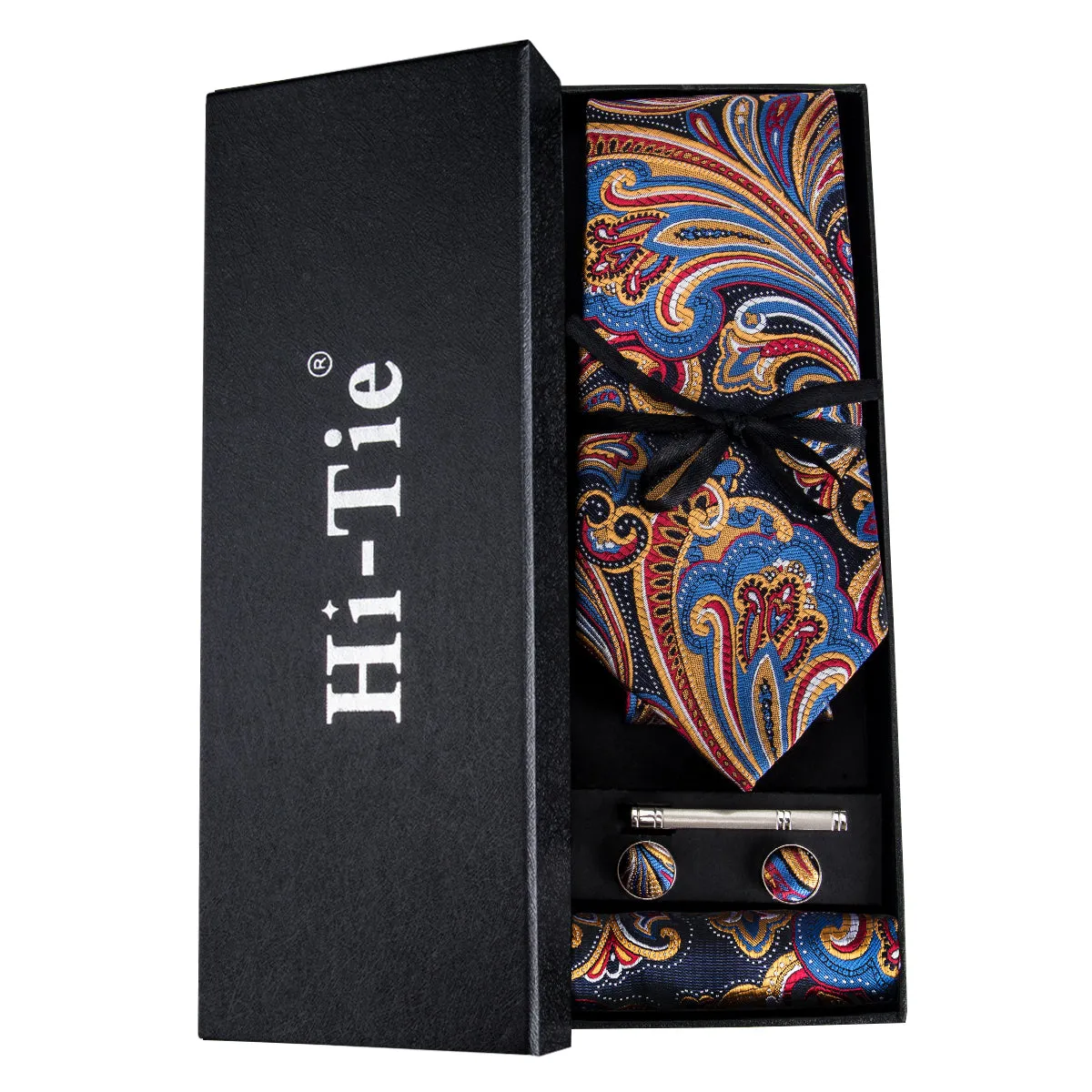 Orange Blue Floral Men's Tie Pocket Square Cufflinks Gift Box Set