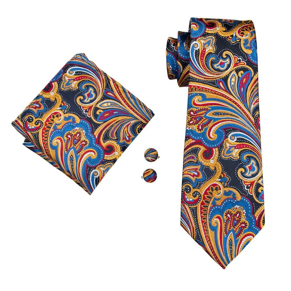 Orange Blue Floral Men's Tie Pocket Square Cufflinks Gift Box Set
