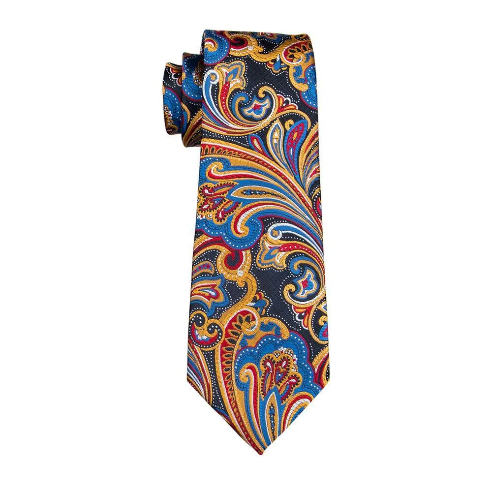 Orange Blue Floral Men's Tie Pocket Square Cufflinks Gift Box Set