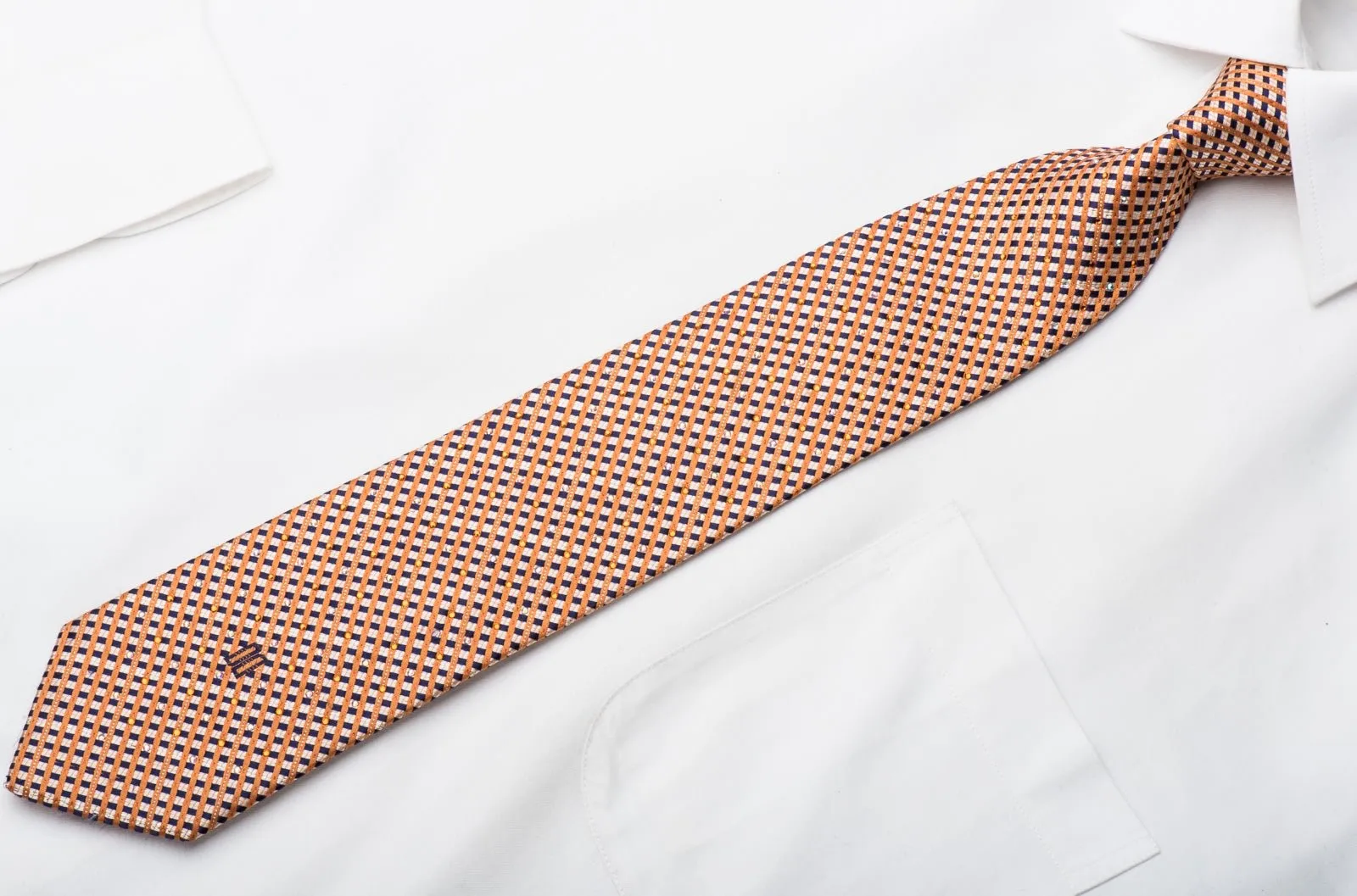 Orange Blue Striped Checker Rhinestone Tie With Silver Sparkles