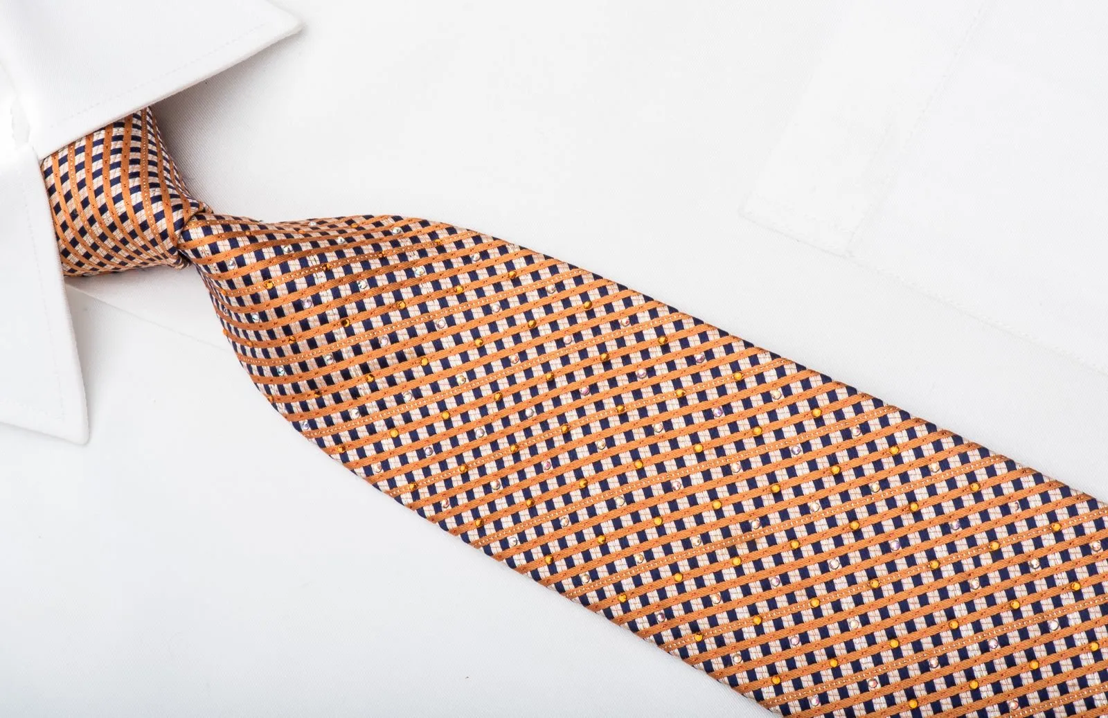 Orange Blue Striped Checker Rhinestone Tie With Silver Sparkles