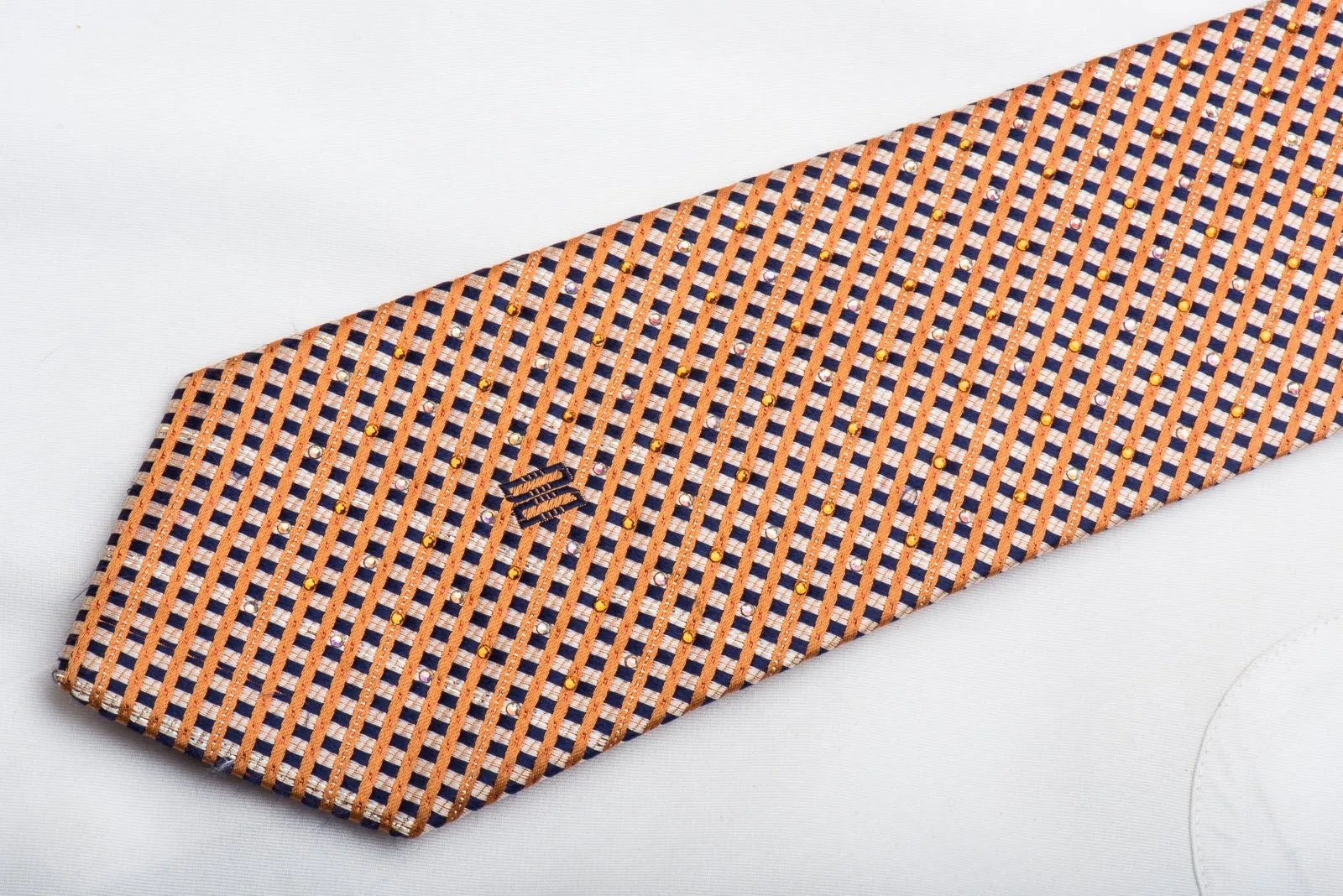 Orange Blue Striped Checker Rhinestone Tie With Silver Sparkles