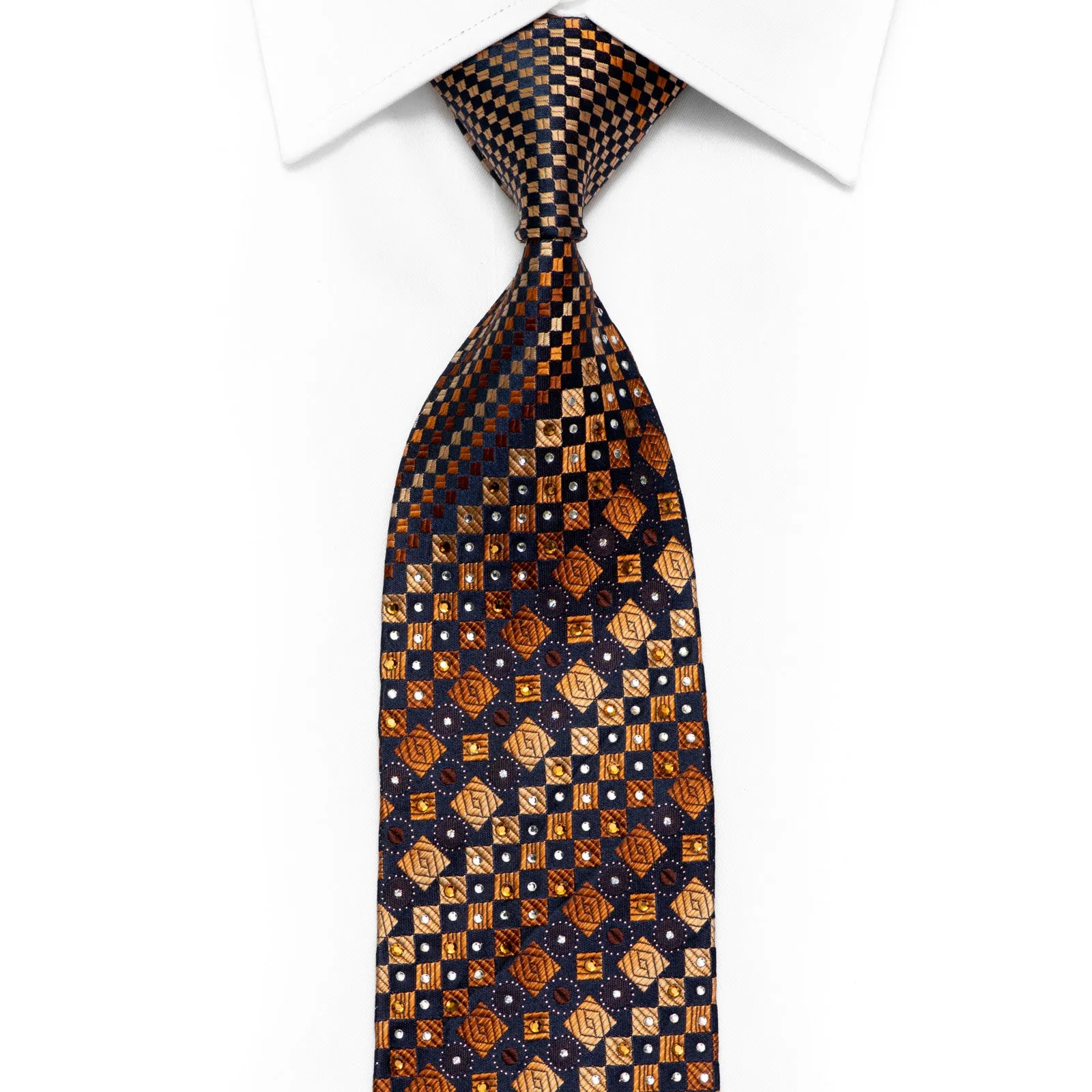 Orange Geometric On Navy Blue Rhinestone Silk Necktie With Sparkles