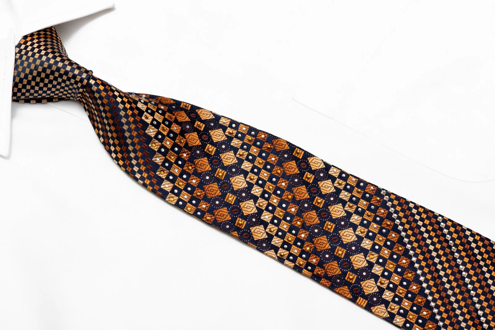 Orange Geometric On Navy Blue Rhinestone Silk Necktie With Sparkles
