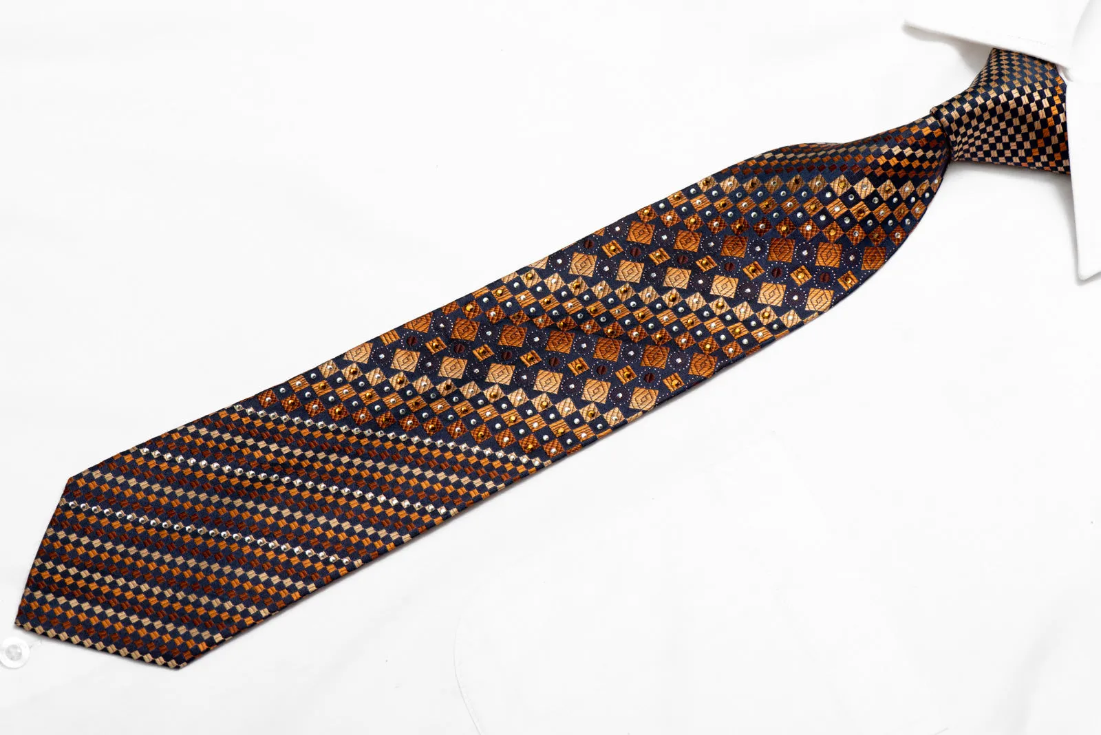 Orange Geometric On Navy Blue Rhinestone Silk Necktie With Sparkles