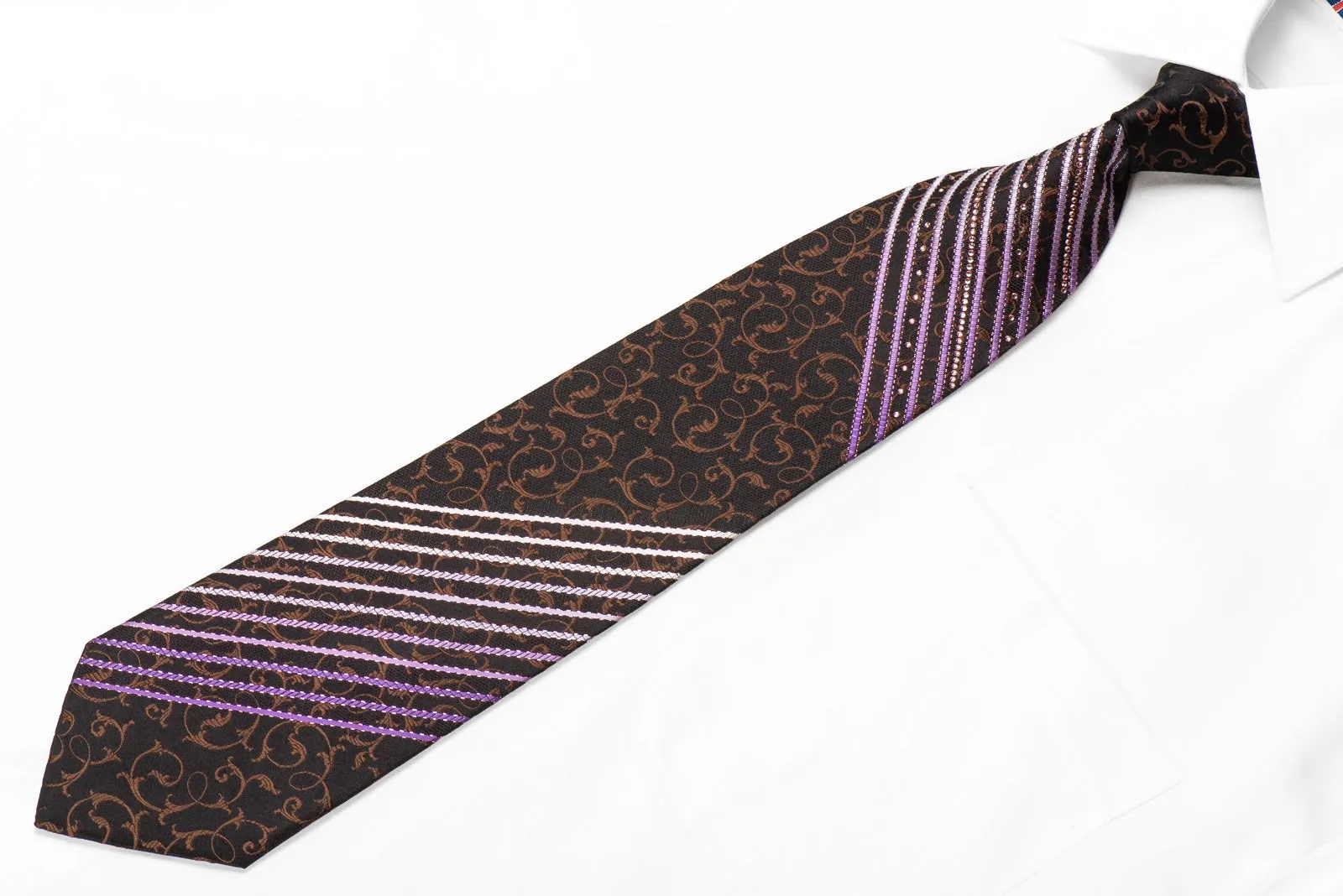 Paco Rabanne Men's Crystal Silk Necktie Purple Striped & Brown Scrolls On Black With Purple Sparkles
