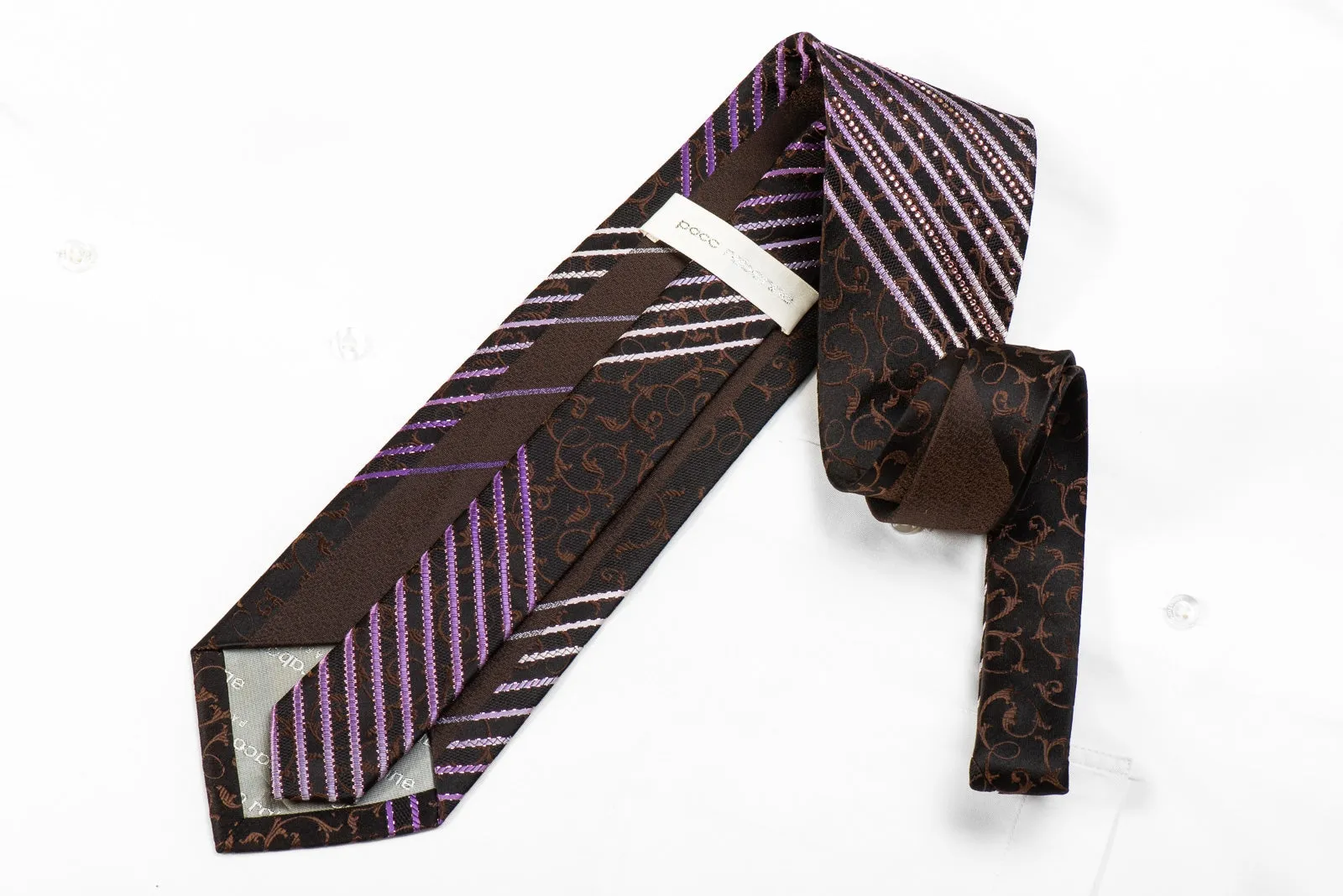 Paco Rabanne Men's Crystal Silk Necktie Purple Striped & Brown Scrolls On Black With Purple Sparkles