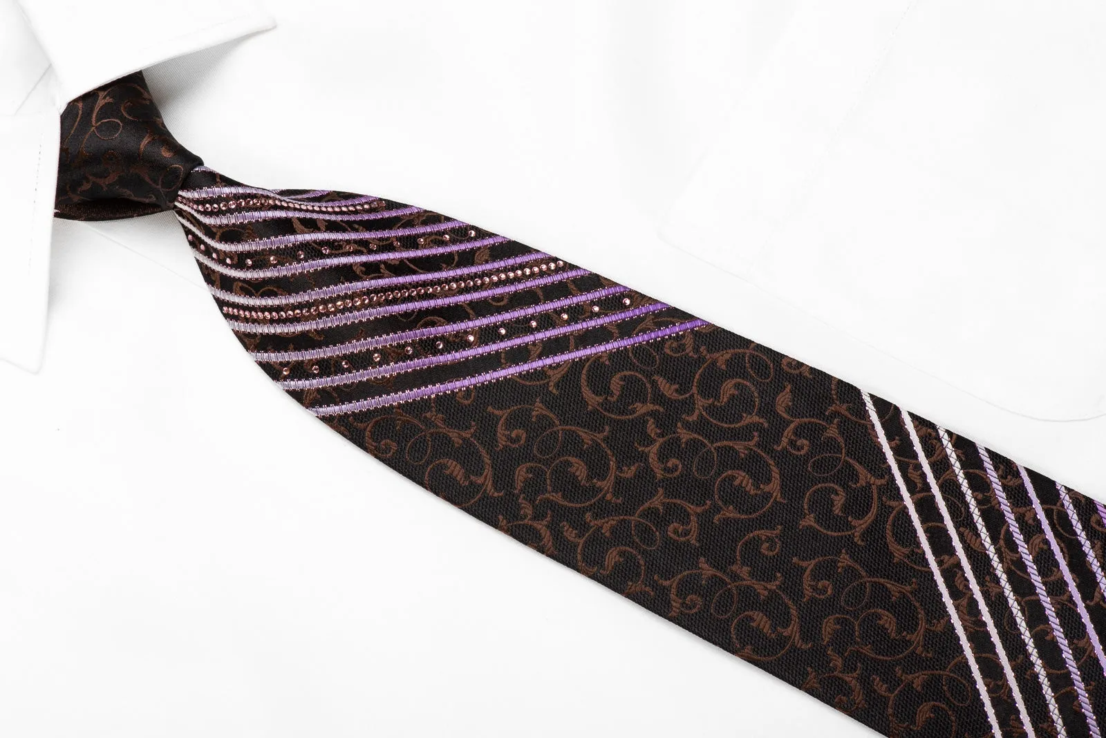 Paco Rabanne Men's Crystal Silk Necktie Purple Striped & Brown Scrolls On Black With Purple Sparkles