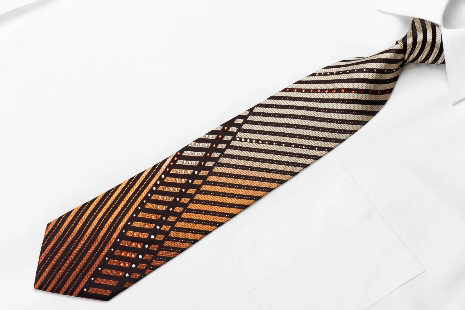 Paco Rabanne Men's Crystal Silk Tie Gold Orange Striped On Black With Sparkles