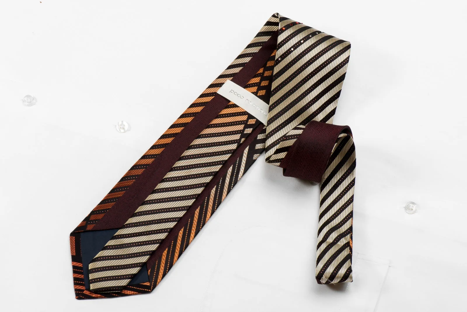 Paco Rabanne Men's Crystal Silk Tie Gold Orange Striped On Black With Sparkles