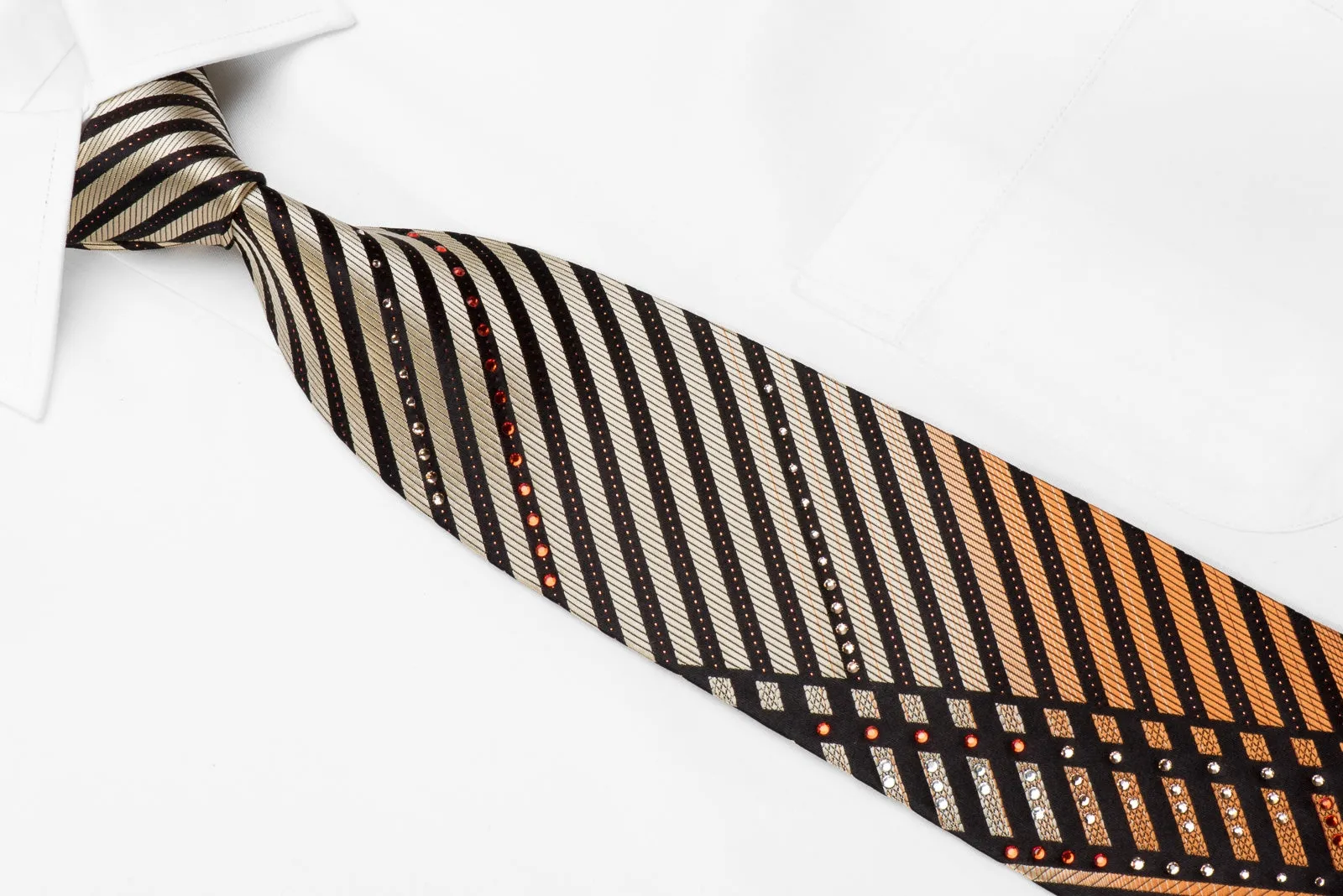 Paco Rabanne Men's Crystal Silk Tie Gold Orange Striped On Black With Sparkles
