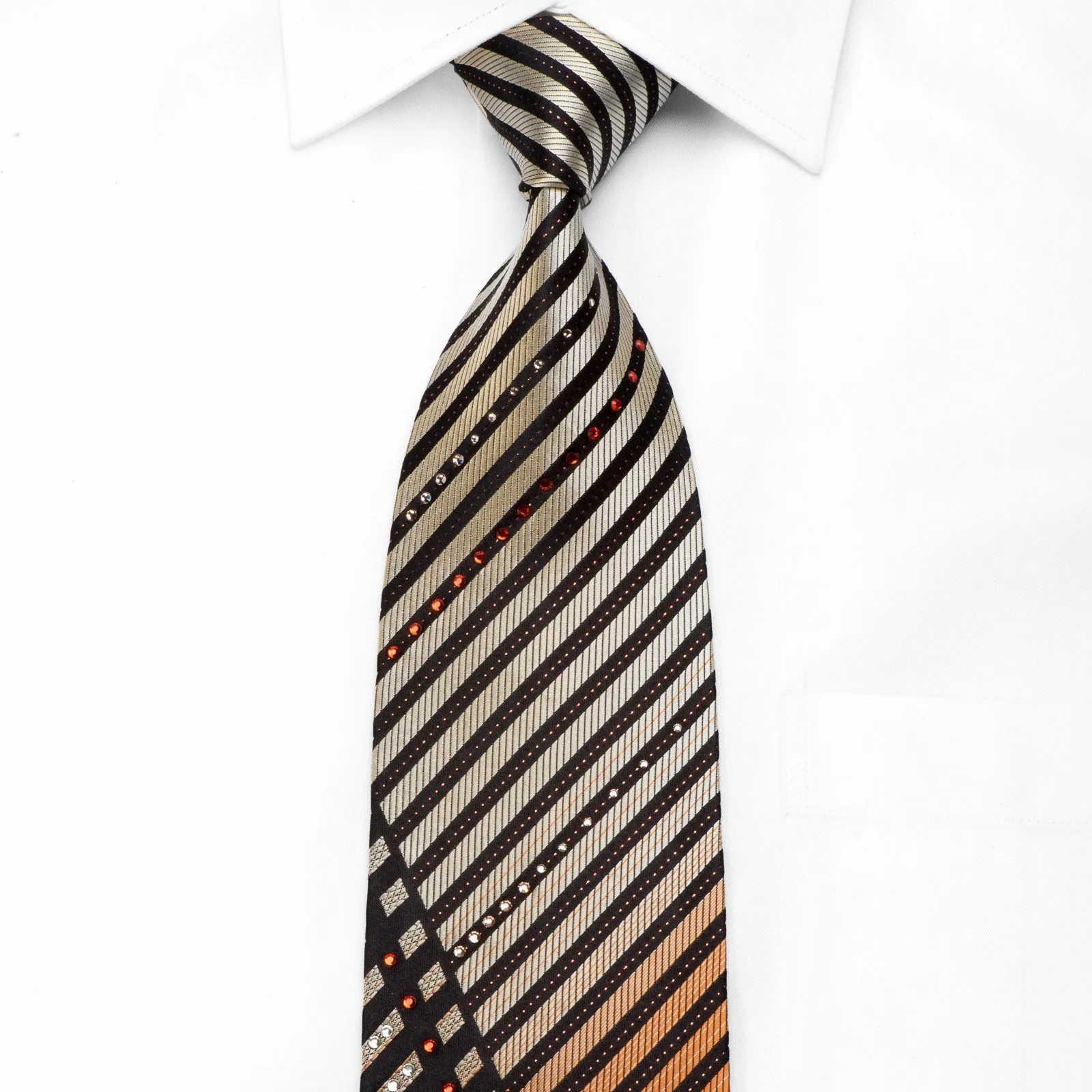 Paco Rabanne Men's Crystal Silk Tie Gold Orange Striped On Black With Sparkles
