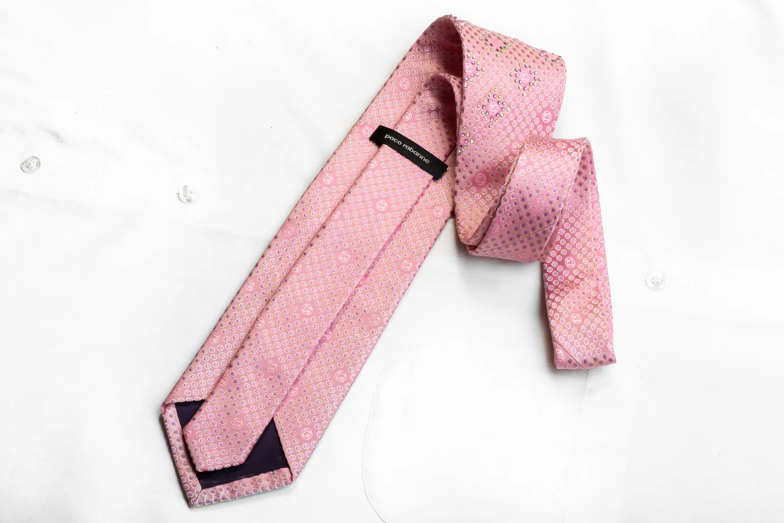 Paco Rabanne Men's Rhinestone Silk Necktie Geometric On Pink Silk