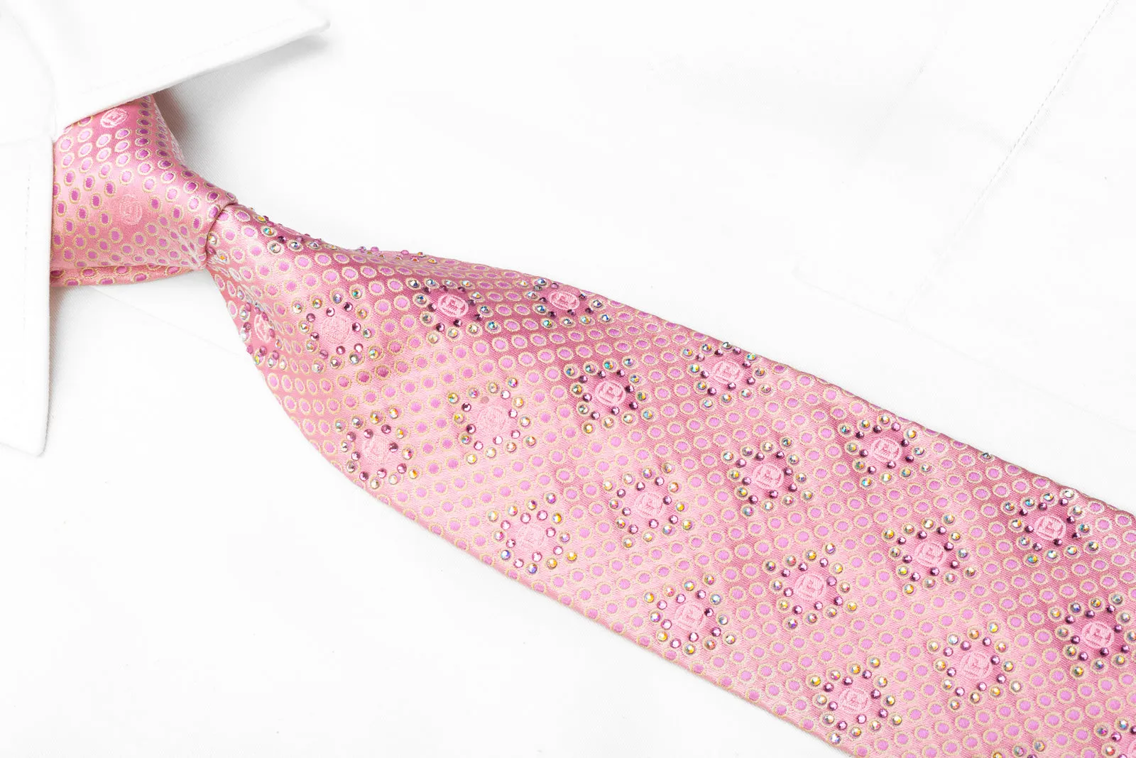 Paco Rabanne Men's Rhinestone Silk Necktie Geometric On Pink Silk