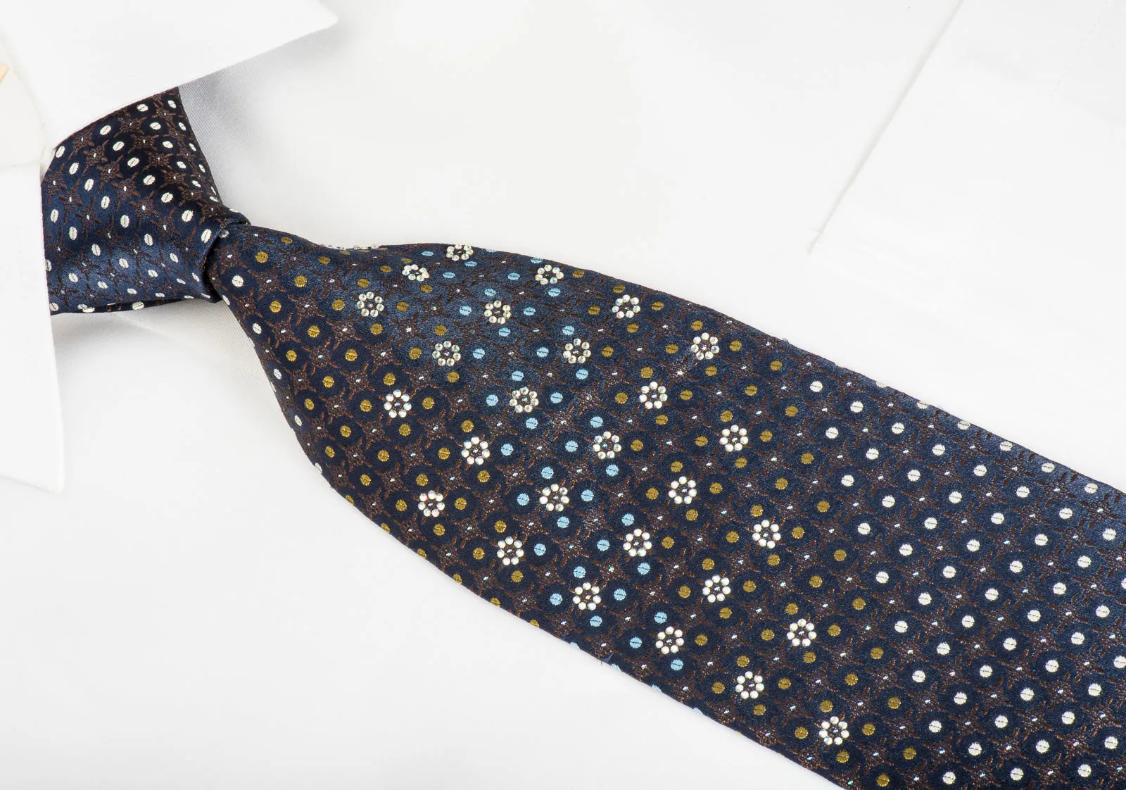 Park Land Silk Necktie Dots On Navy With Rhinestones & Silver Sparkles