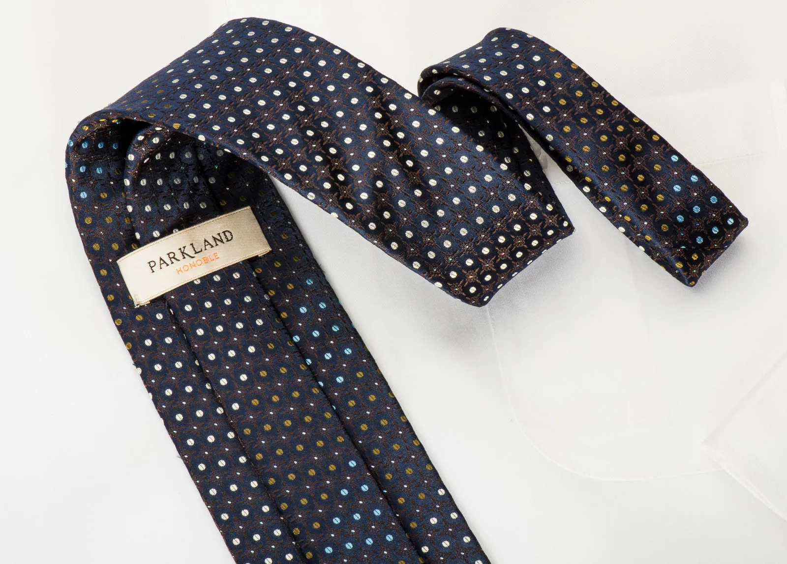 Park Land Silk Necktie Dots On Navy With Rhinestones & Silver Sparkles