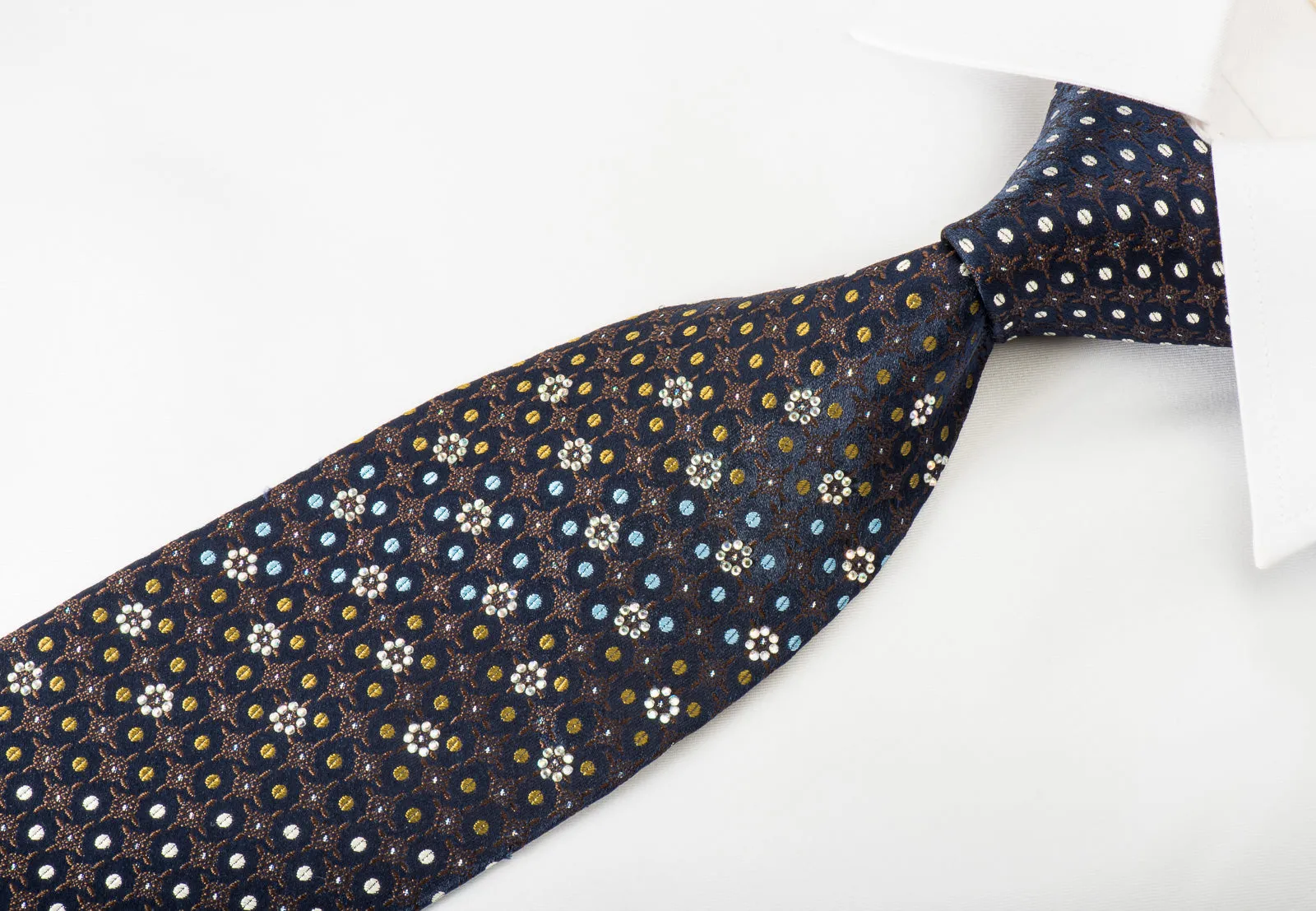 Park Land Silk Necktie Dots On Navy With Rhinestones & Silver Sparkles
