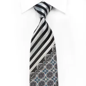 Parkland Men's Crystal Silk Tie Silver Stripes & Medallions On Black With Silver Sparkles