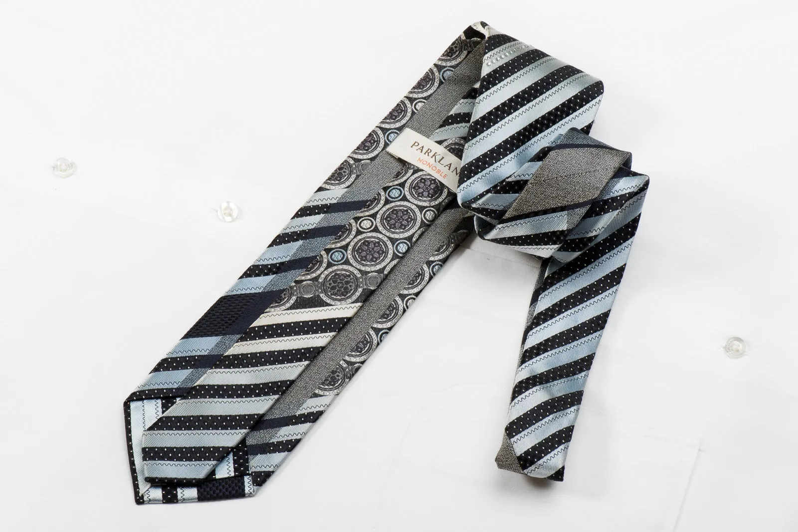 Parkland Men's Crystal Silk Tie Silver Stripes & Medallions On Black With Silver Sparkles