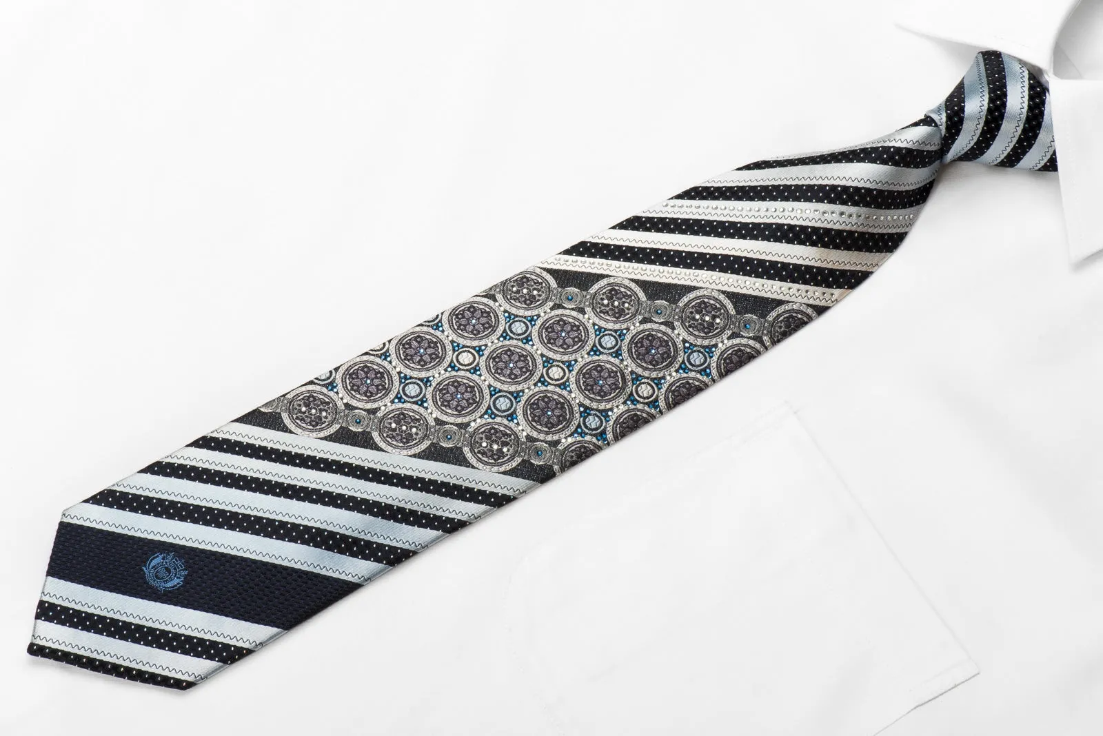 Parkland Men's Crystal Silk Tie Silver Stripes & Medallions On Black With Silver Sparkles