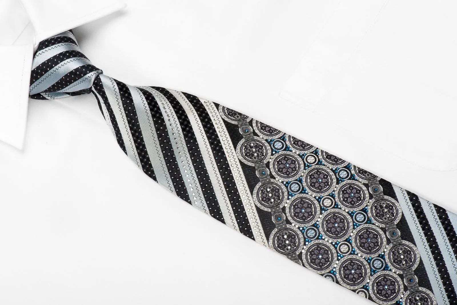 Parkland Men's Crystal Silk Tie Silver Stripes & Medallions On Black With Silver Sparkles