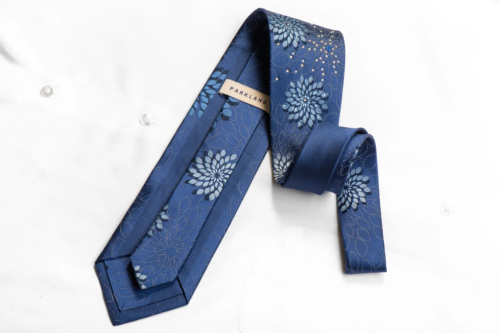 Parkland Mens Rhinestone Silk Tie Geometric Floral On Blue With Sparkles
