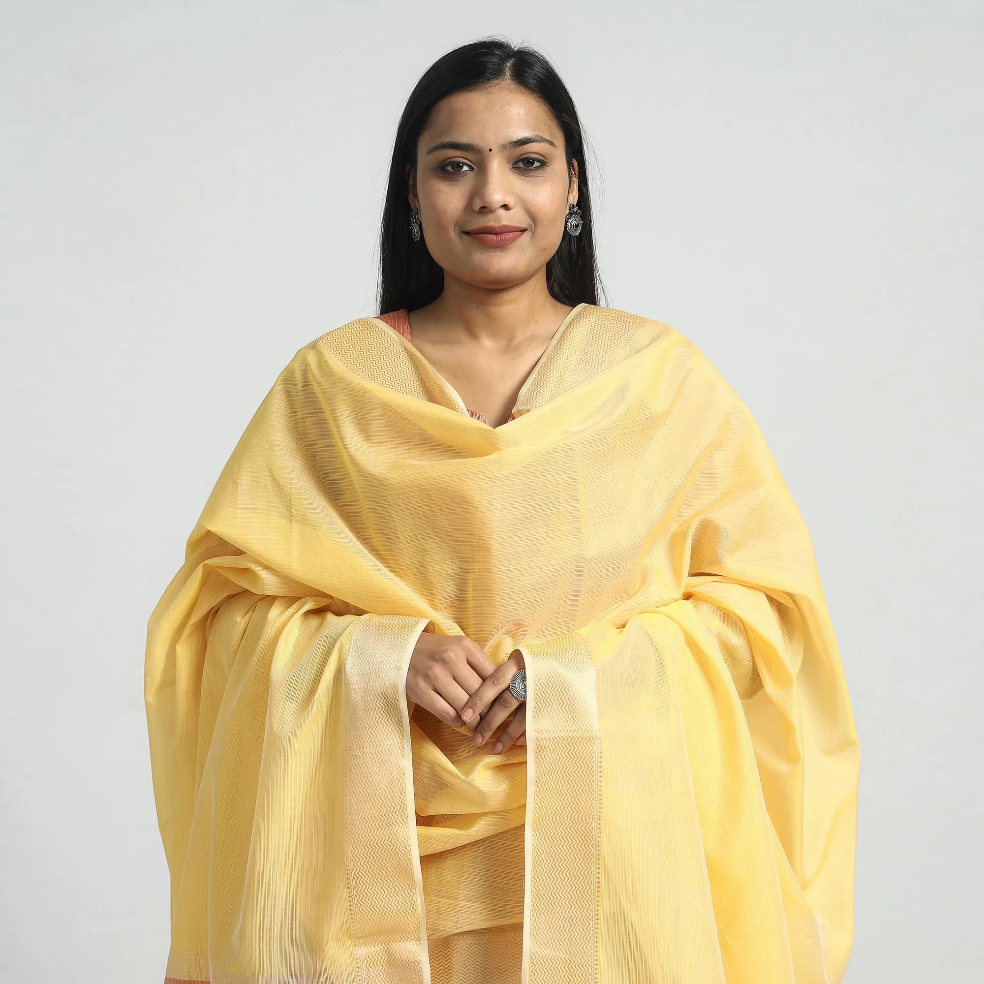 Peach - Traditional Maheshwari Handloom Silk Cotton Checks Kurta with Dupatta Set