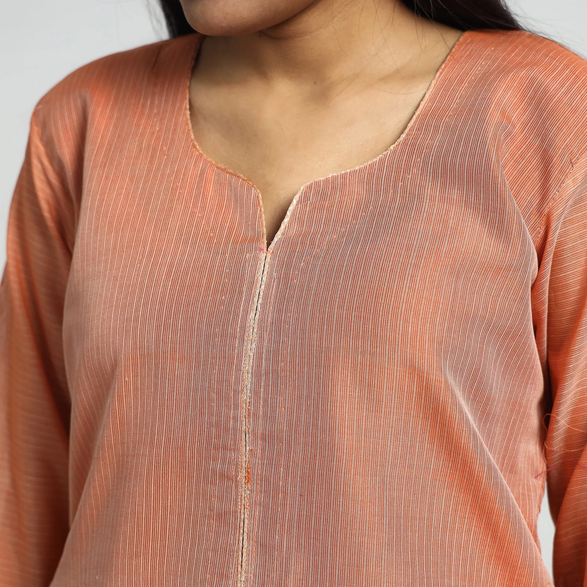 Peach - Traditional Maheshwari Handloom Silk Cotton Checks Kurta with Dupatta Set