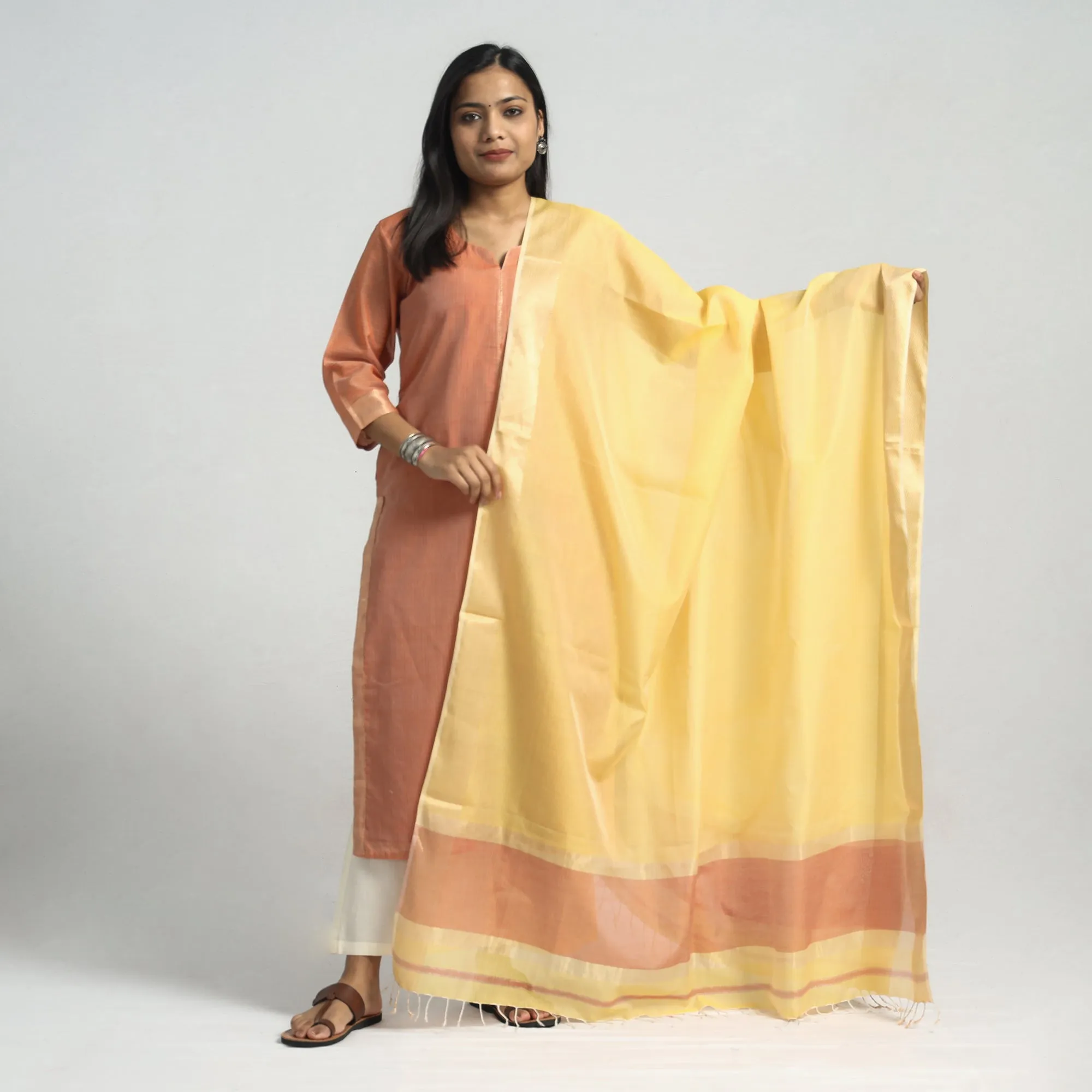 Peach - Traditional Maheshwari Handloom Silk Cotton Checks Kurta with Dupatta Set