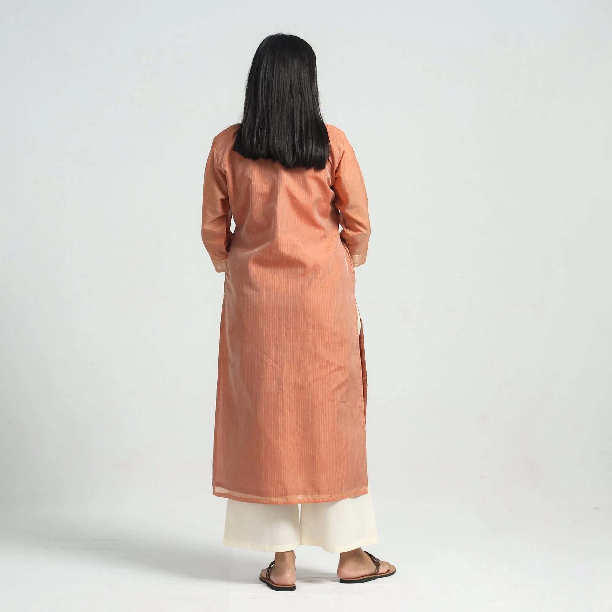 Peach - Traditional Maheshwari Handloom Silk Cotton Checks Kurta with Dupatta Set