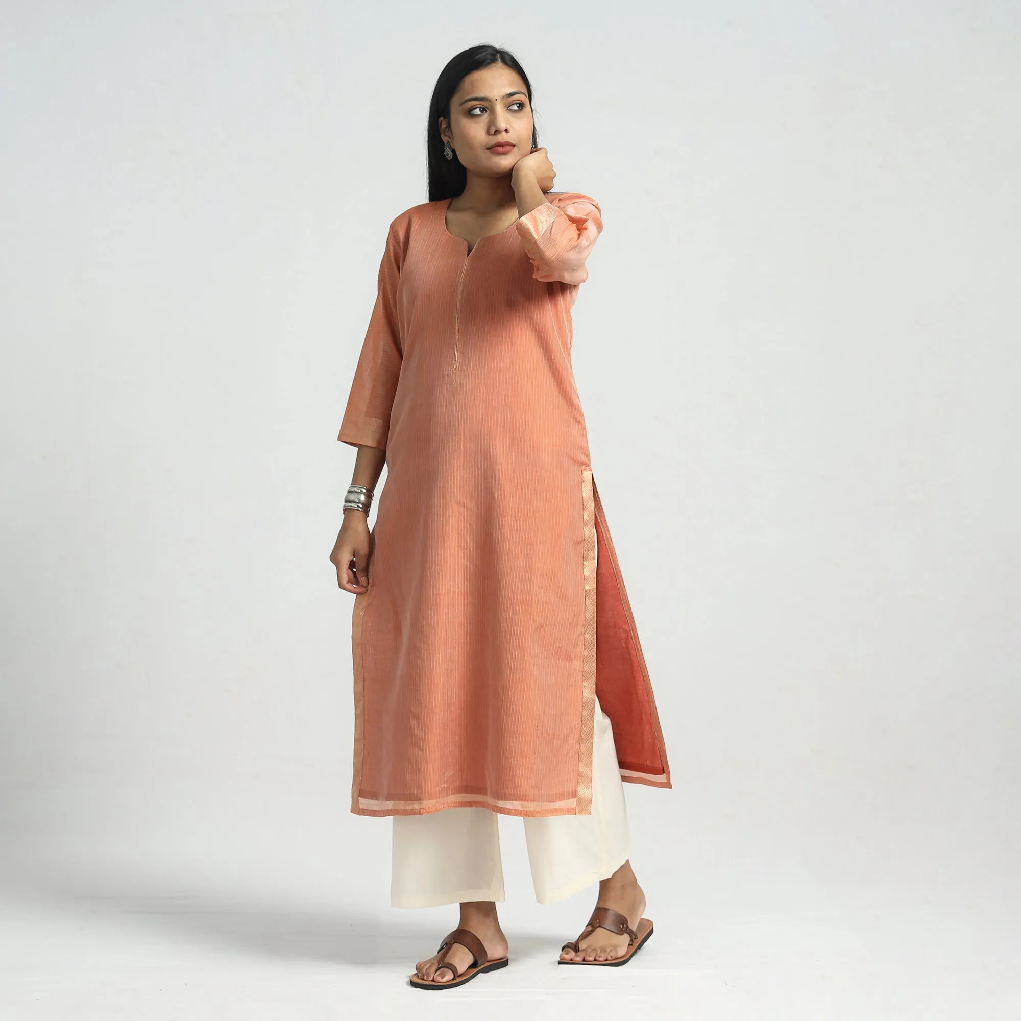 Peach - Traditional Maheshwari Handloom Silk Cotton Checks Kurta with Dupatta Set