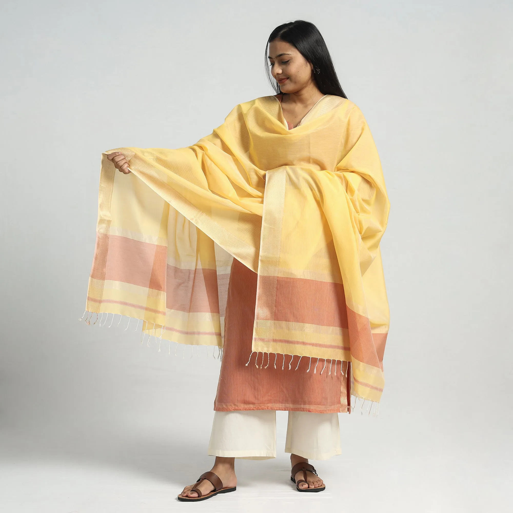Peach - Traditional Maheshwari Handloom Silk Cotton Checks Kurta with Dupatta Set