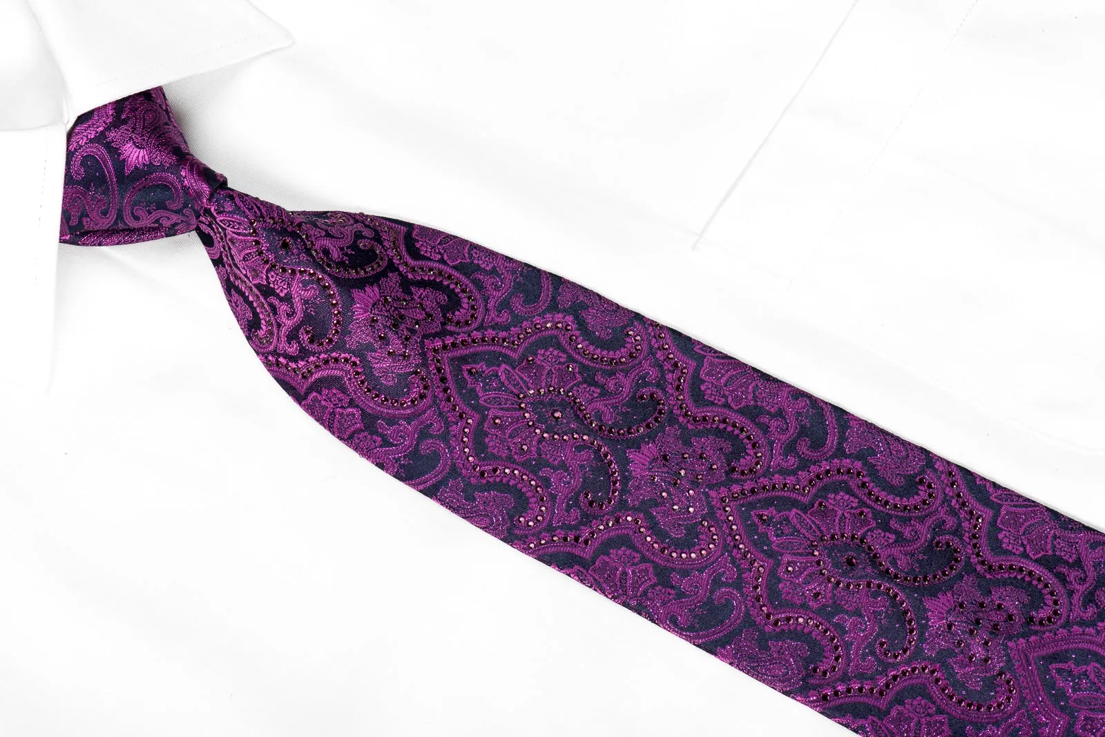 Perry Ellis Men's Crystal Silk Necktie Damask On Purple With Sparkles