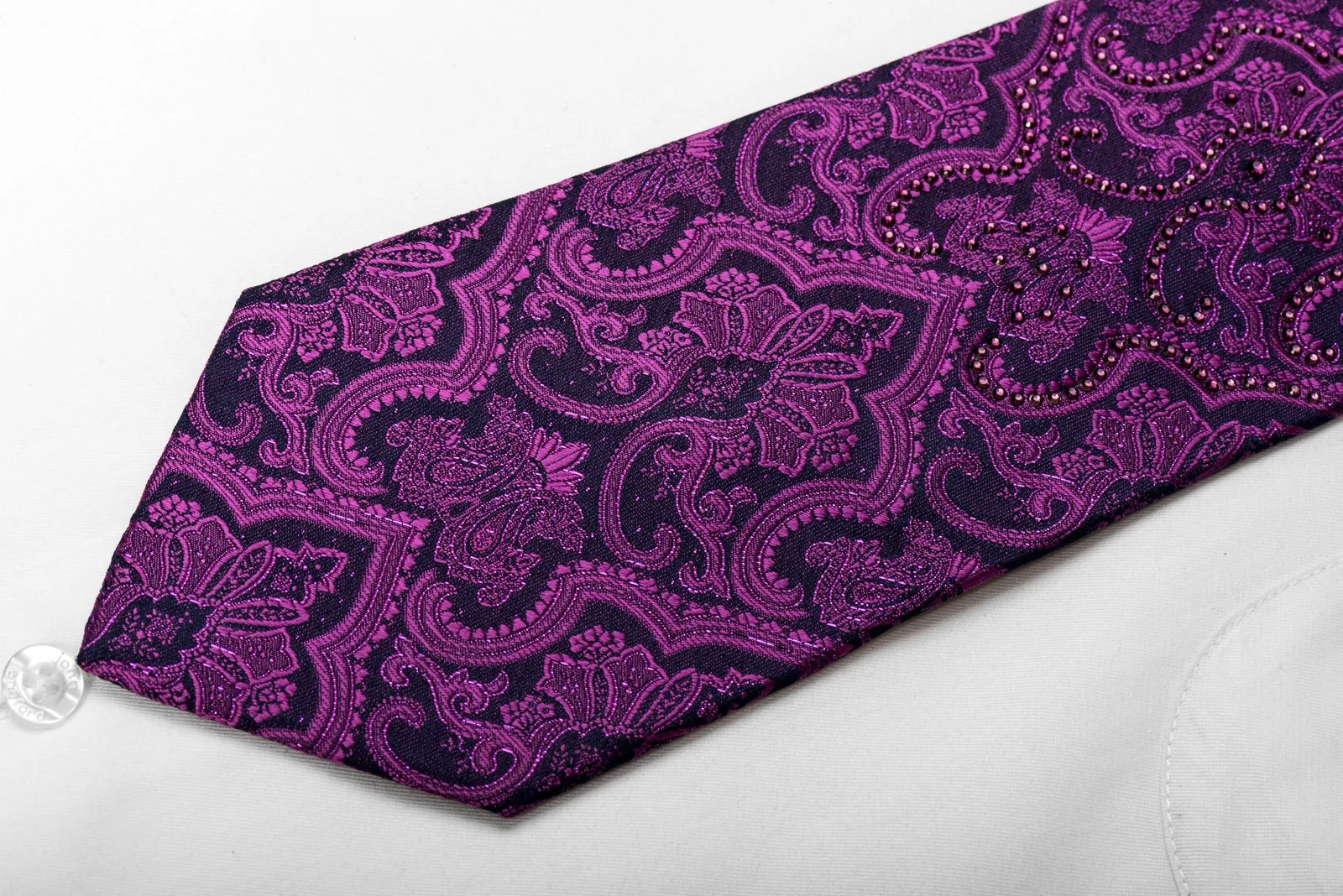 Perry Ellis Men's Crystal Silk Necktie Damask On Purple With Sparkles