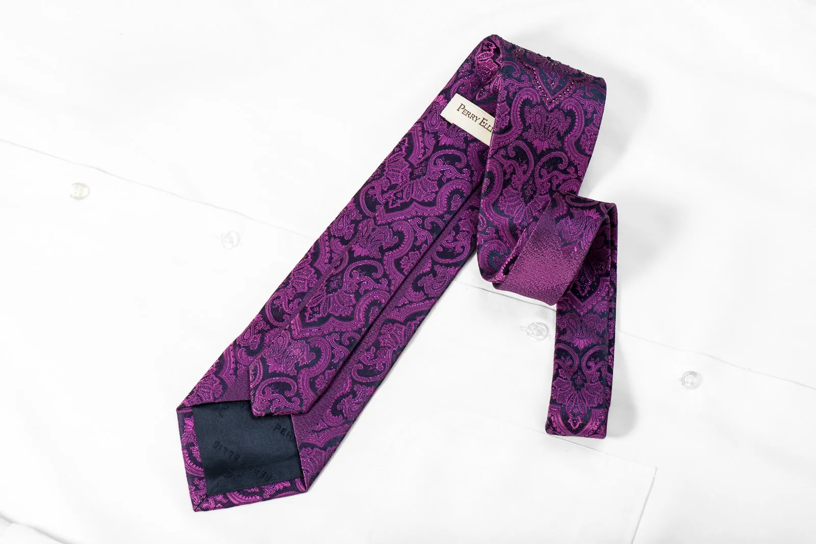 Perry Ellis Men's Crystal Silk Necktie Damask On Purple With Sparkles