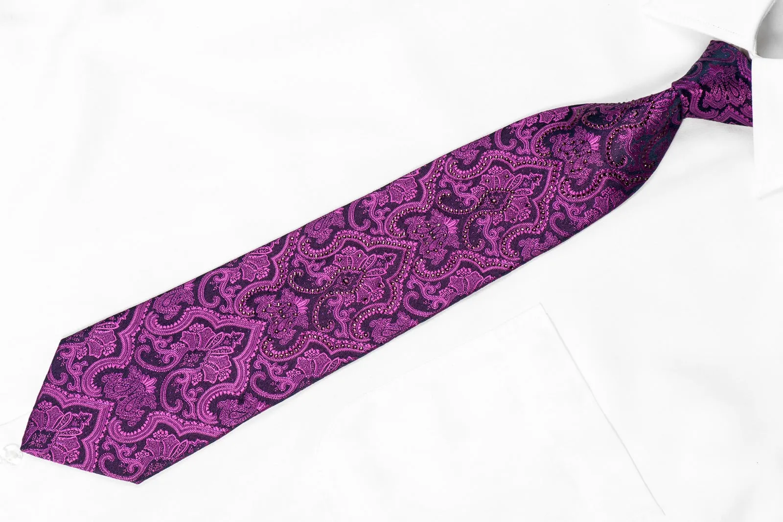 Perry Ellis Men's Crystal Silk Necktie Damask On Purple With Sparkles