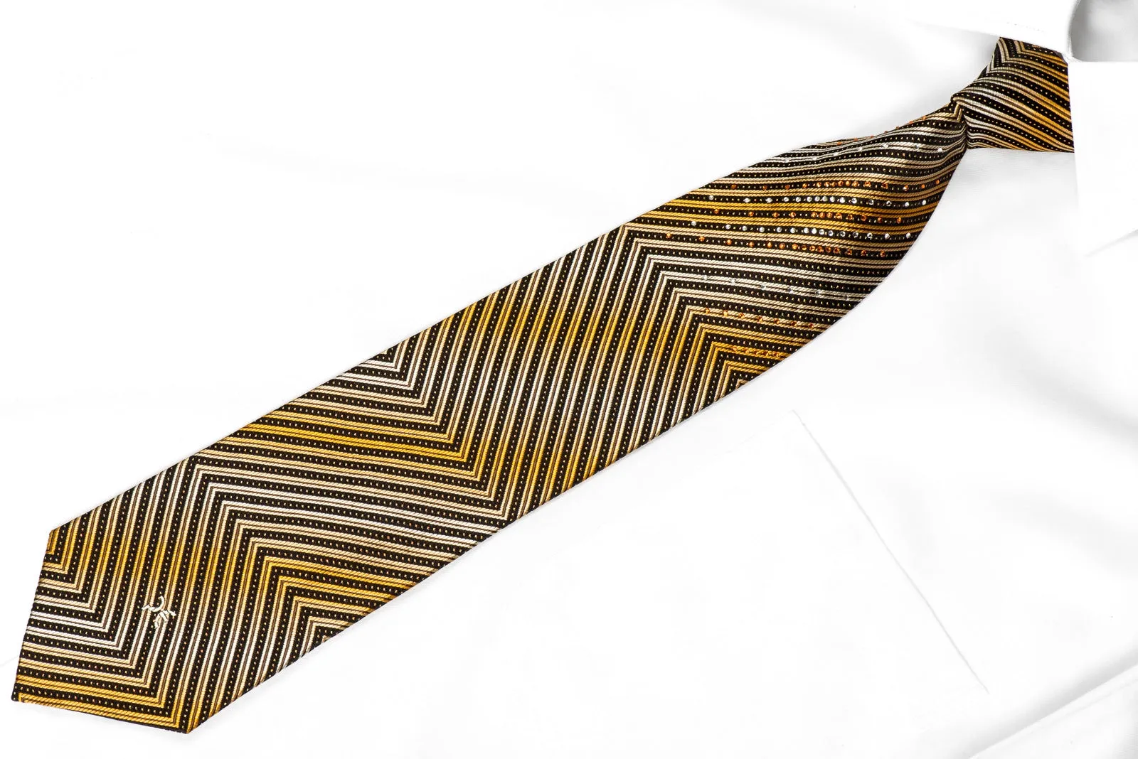 Perry Ellis Men's Crystal Silk Necktie Orange Brown Chevron With Gold Sparkles