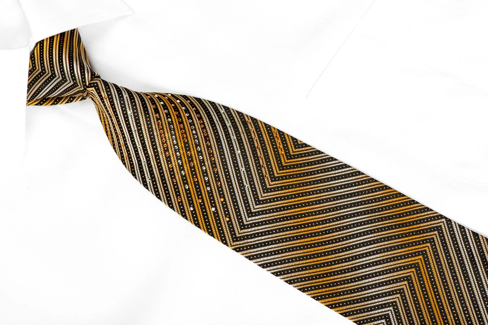 Perry Ellis Men's Crystal Silk Necktie Orange Brown Chevron With Gold Sparkles