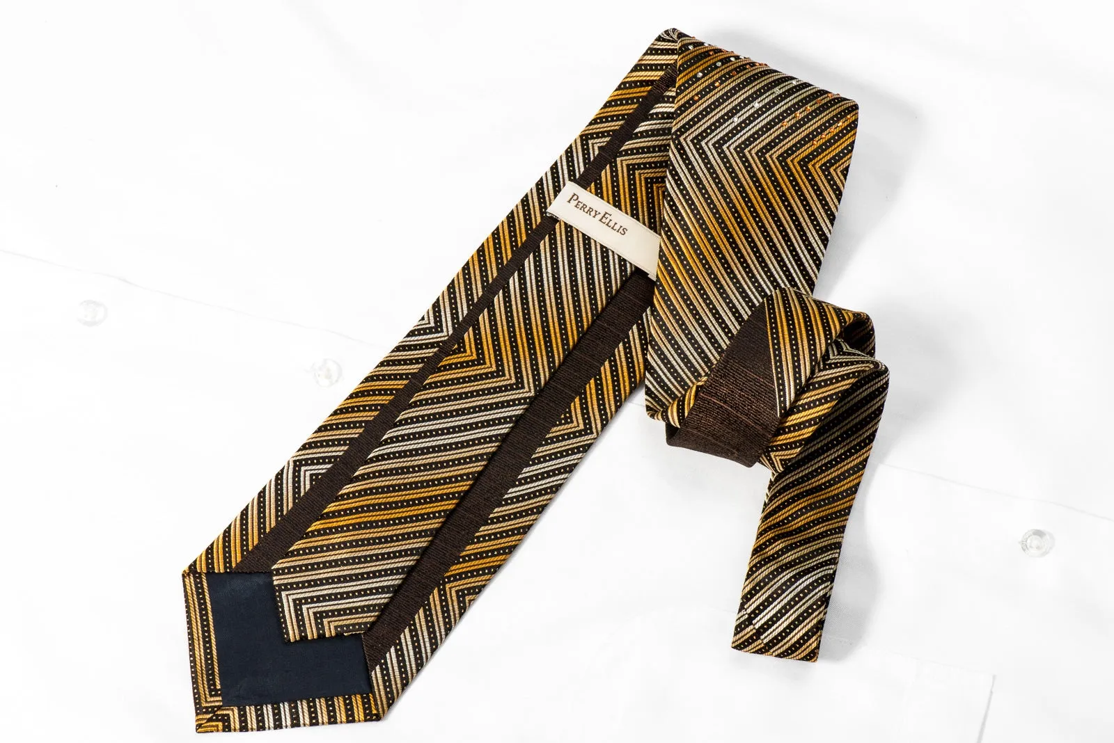 Perry Ellis Men's Crystal Silk Necktie Orange Brown Chevron With Gold Sparkles
