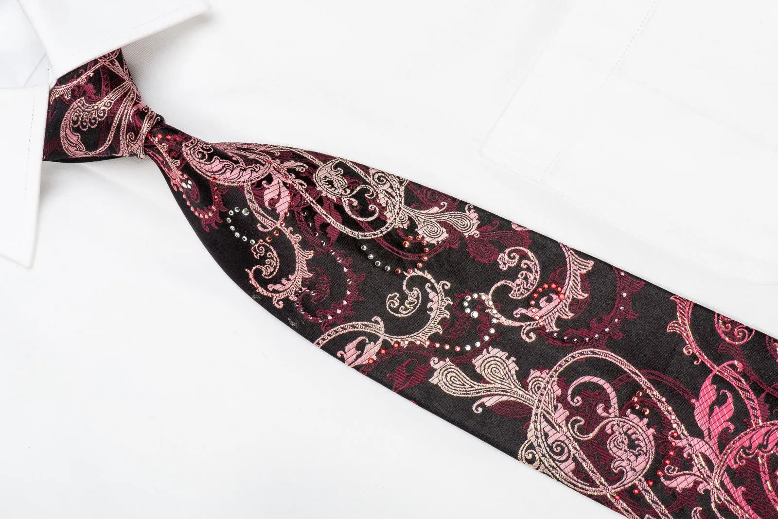 Perry Ellis Men's Crystal Silk Tie Burgundy Acanthus On Black With Silver Sparkles