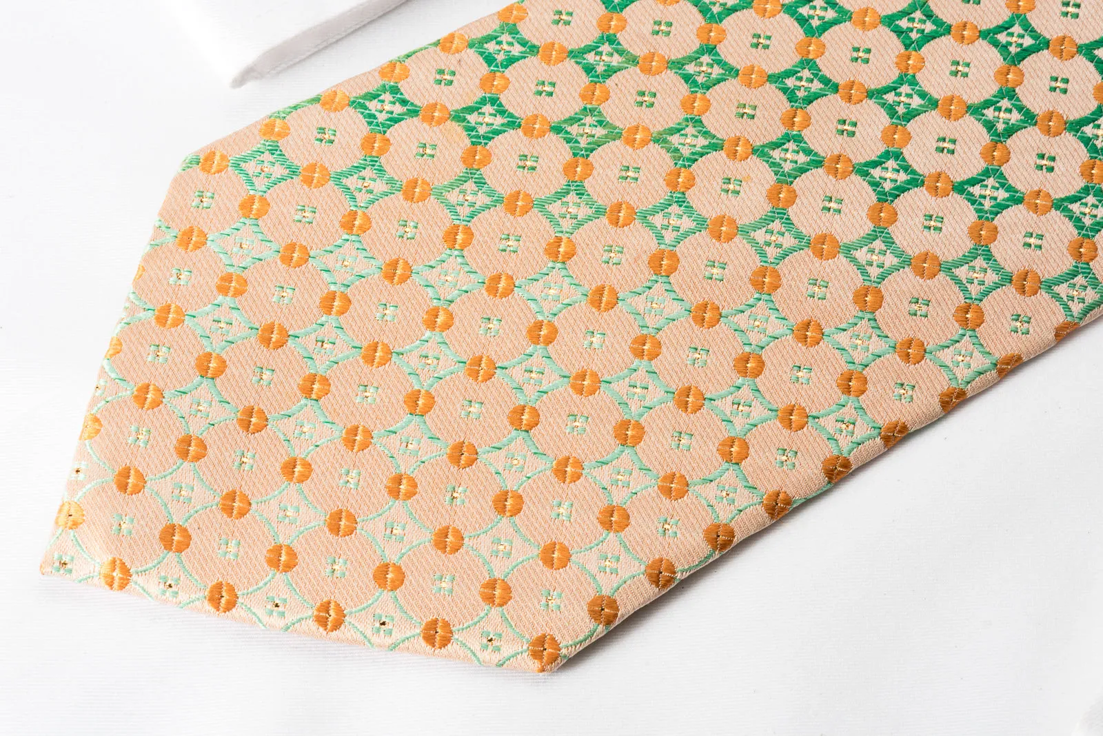Perry Ellis Rhinestone Necktie Green Checker Foulard On Peach With Silver Sparkles