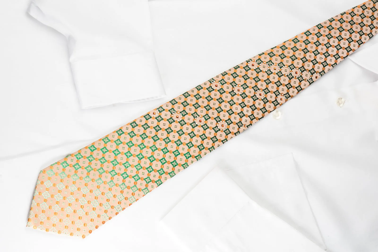 Perry Ellis Rhinestone Necktie Green Checker Foulard On Peach With Silver Sparkles