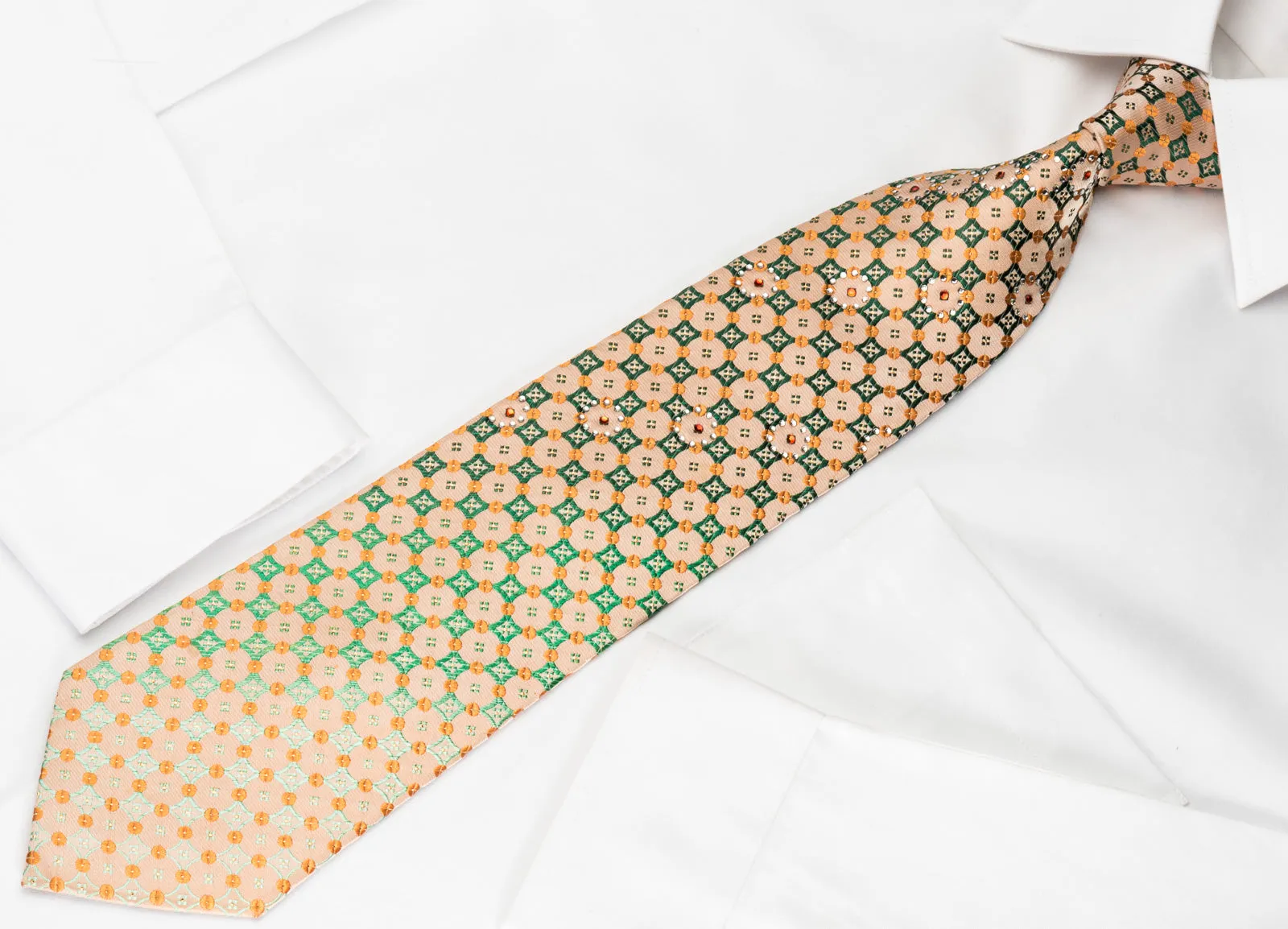 Perry Ellis Rhinestone Necktie Green Checker Foulard On Peach With Silver Sparkles