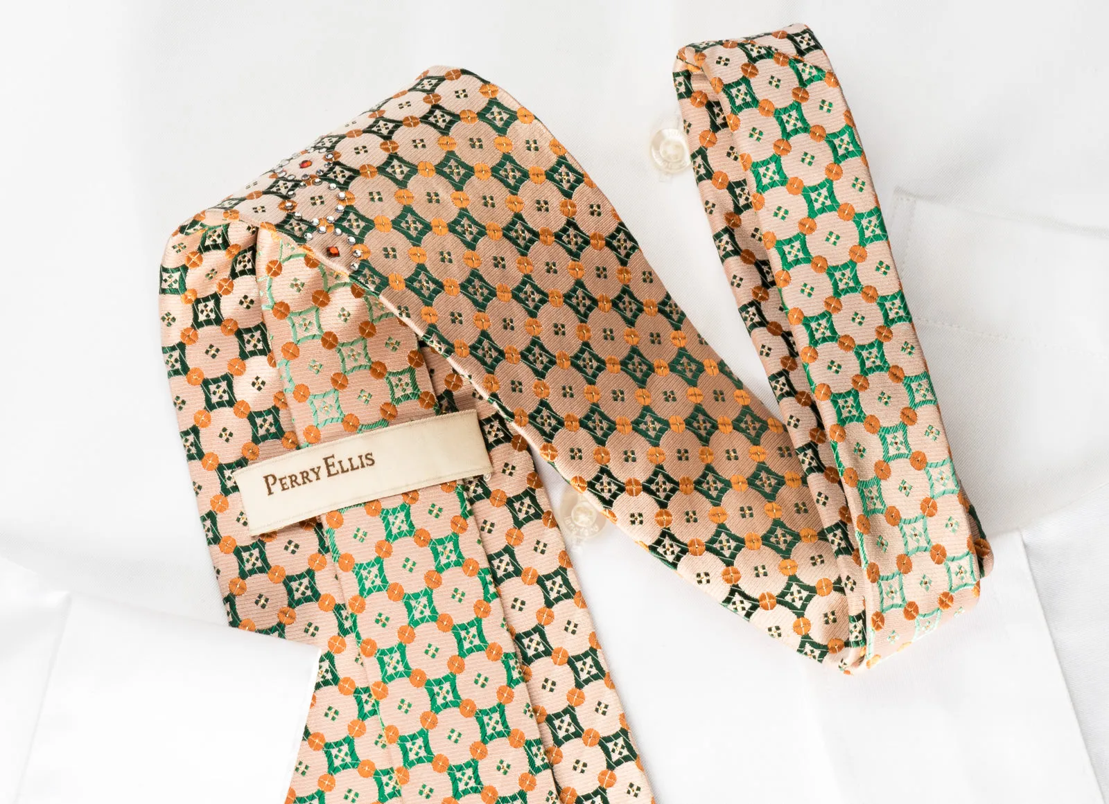 Perry Ellis Rhinestone Necktie Green Checker Foulard On Peach With Silver Sparkles