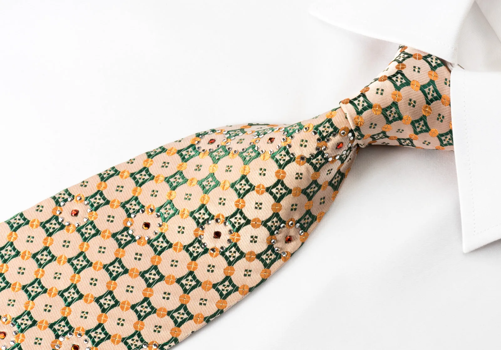 Perry Ellis Rhinestone Necktie Green Checker Foulard On Peach With Silver Sparkles