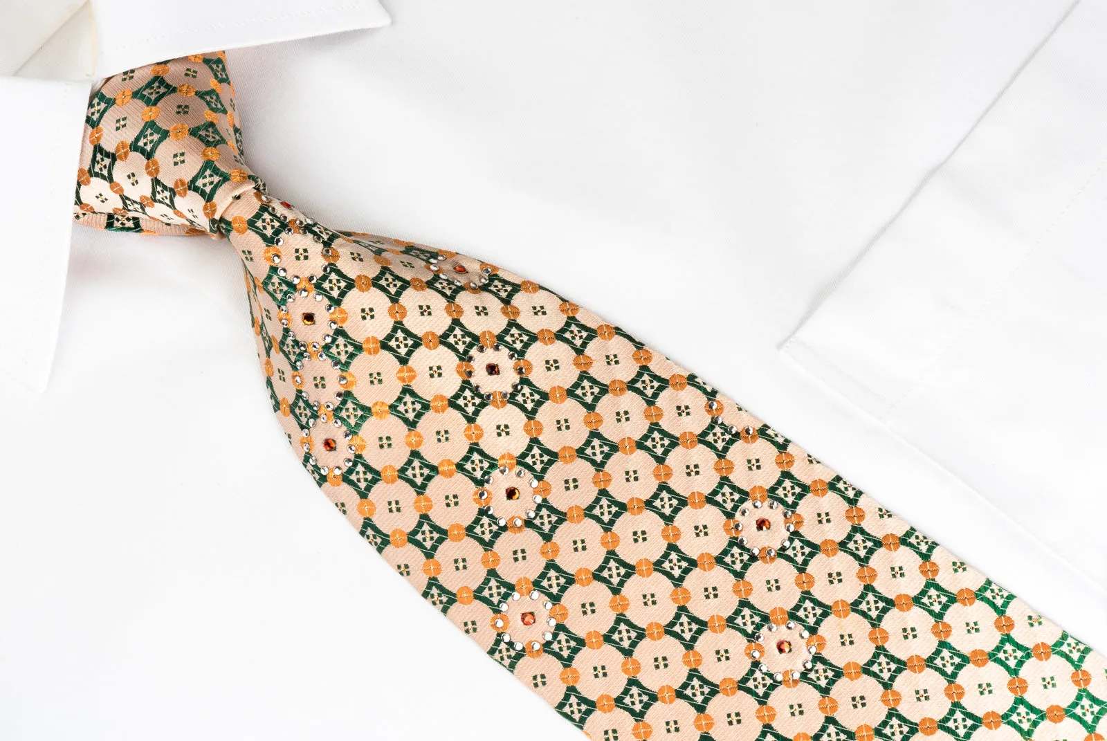 Perry Ellis Rhinestone Necktie Green Checker Foulard On Peach With Silver Sparkles