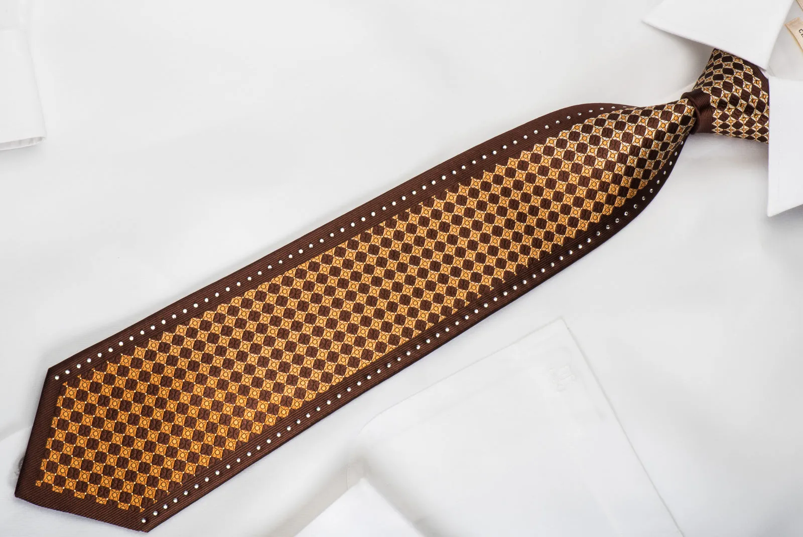 Perry Ellis Rhinestone Silk Necktie Okra Checkered On Brown With Gold Sparkles