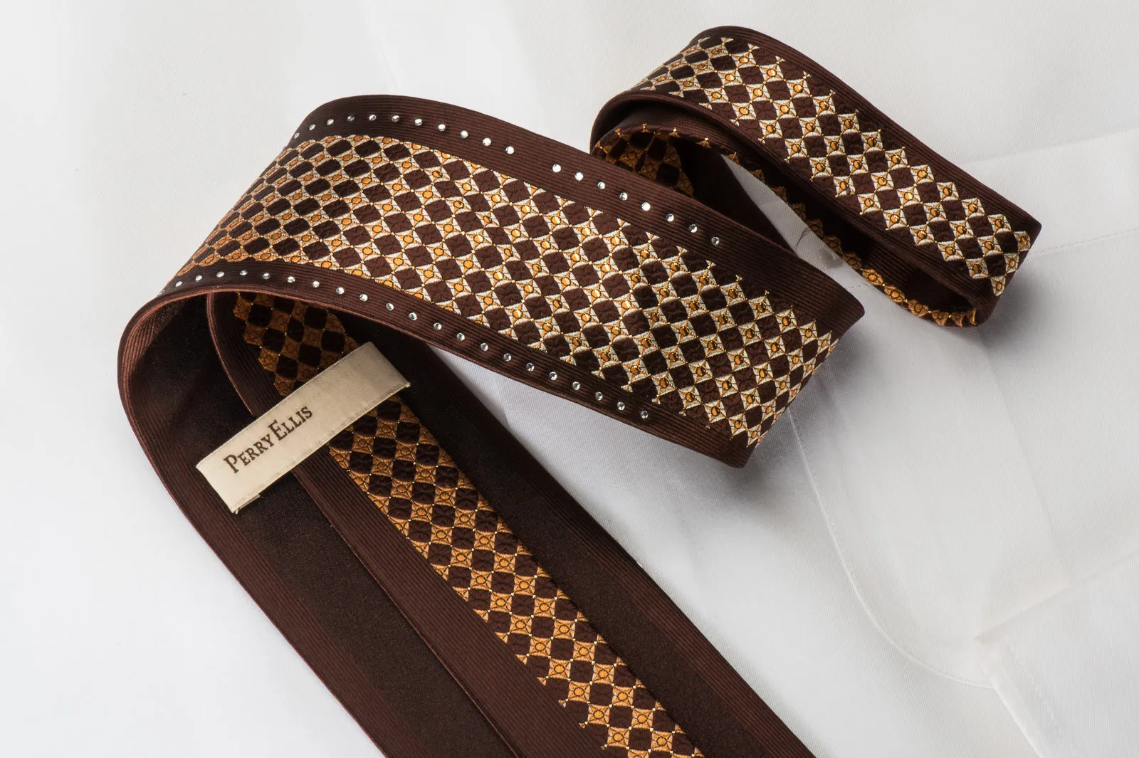 Perry Ellis Rhinestone Silk Necktie Okra Checkered On Brown With Gold Sparkles