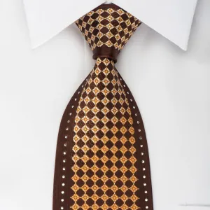 Perry Ellis Rhinestone Silk Necktie Okra Checkered On Brown With Gold Sparkles
