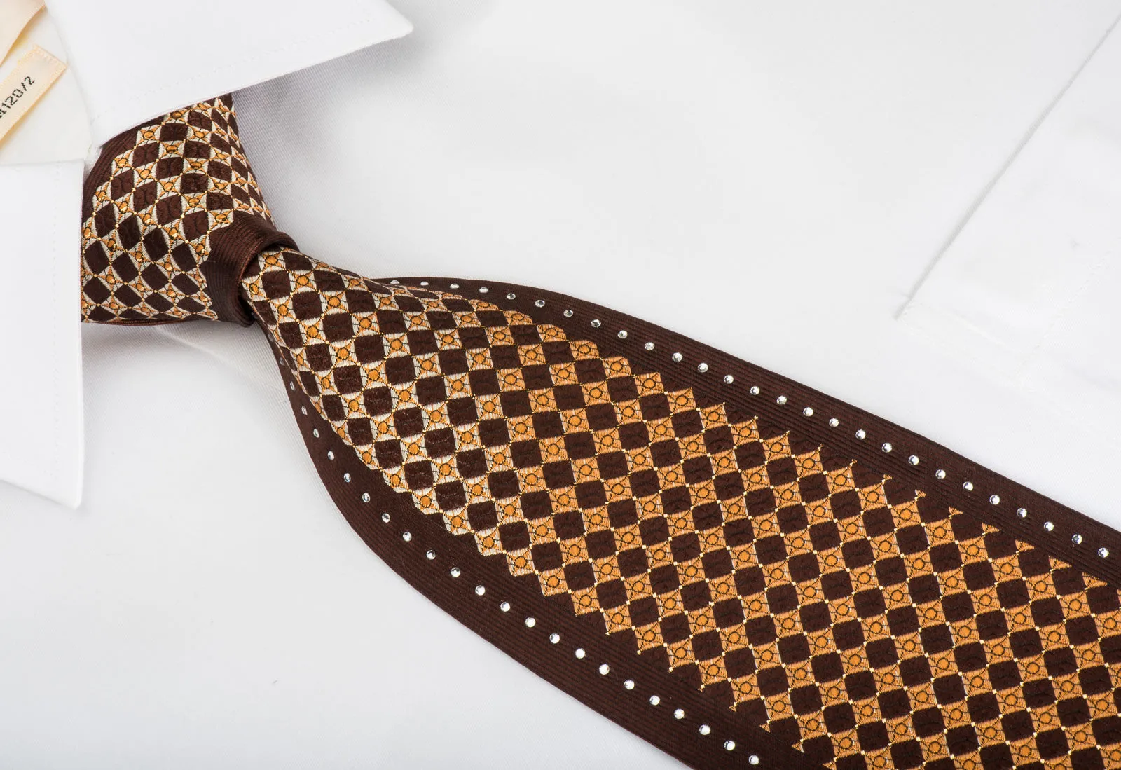 Perry Ellis Rhinestone Silk Necktie Okra Checkered On Brown With Gold Sparkles